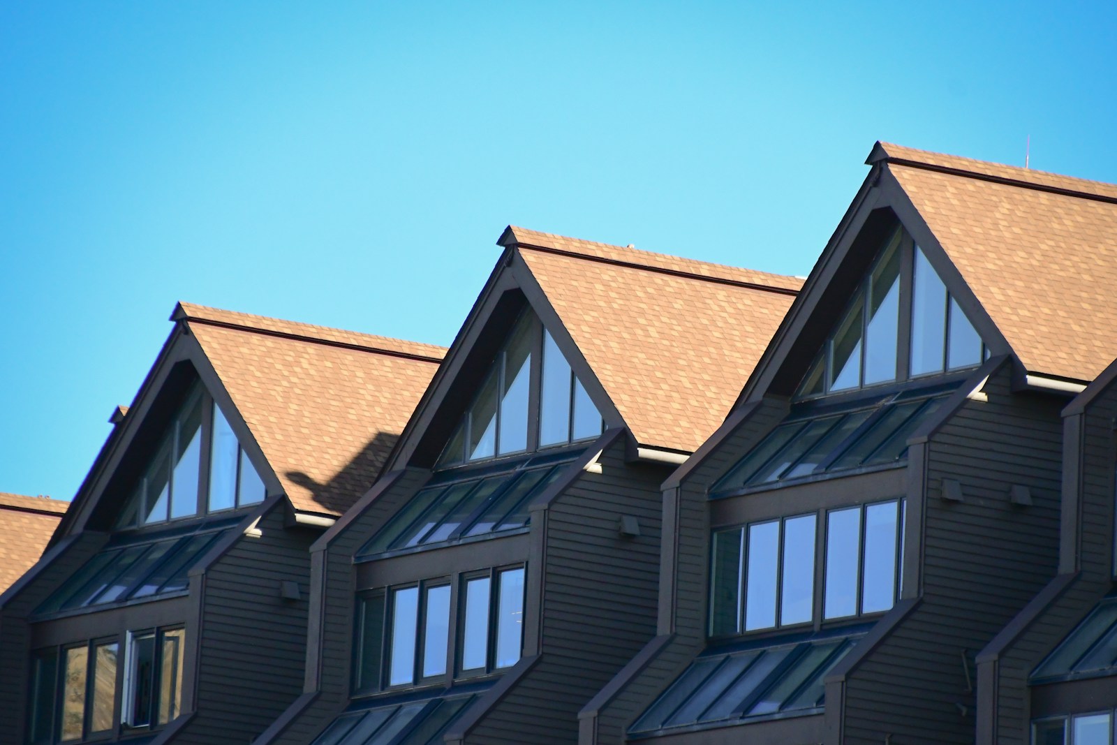 A row of houses with a blue sky in the background