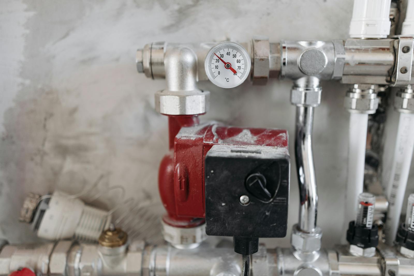 Close-up view of an industrial plumbing system featuring a pressure gauge and steel pipes.